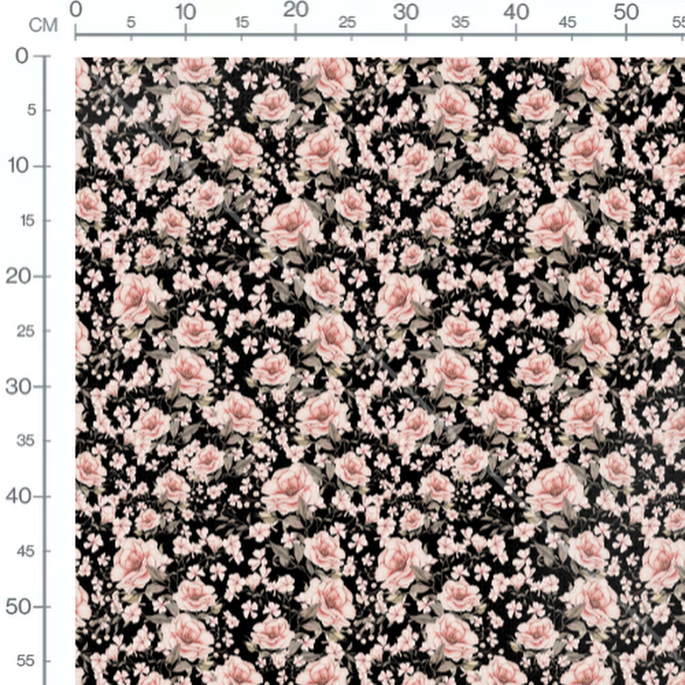 Tissu - Roses et fleurs sur fond noir