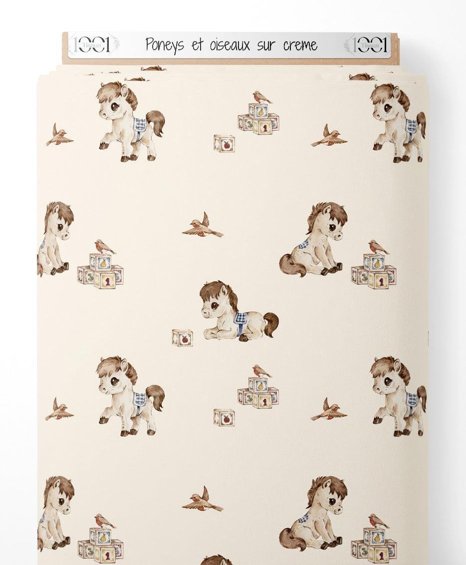 Tissu - Poneys et oiseaux sur crème