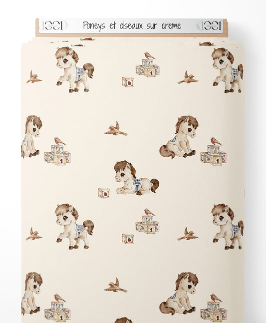 Tissu - Poneys et oiseaux sur crème