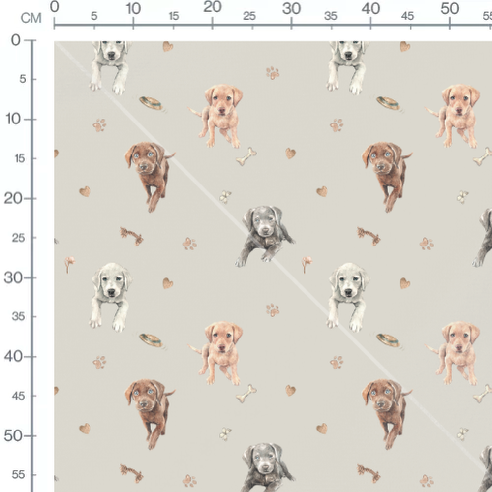 Tissu - Chiots et empreintes sur fond beige