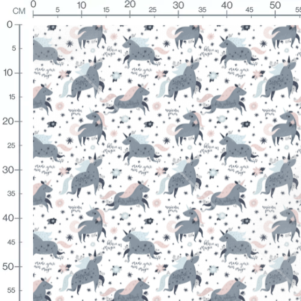 Tissu - Licornes grises et fleurs pastel