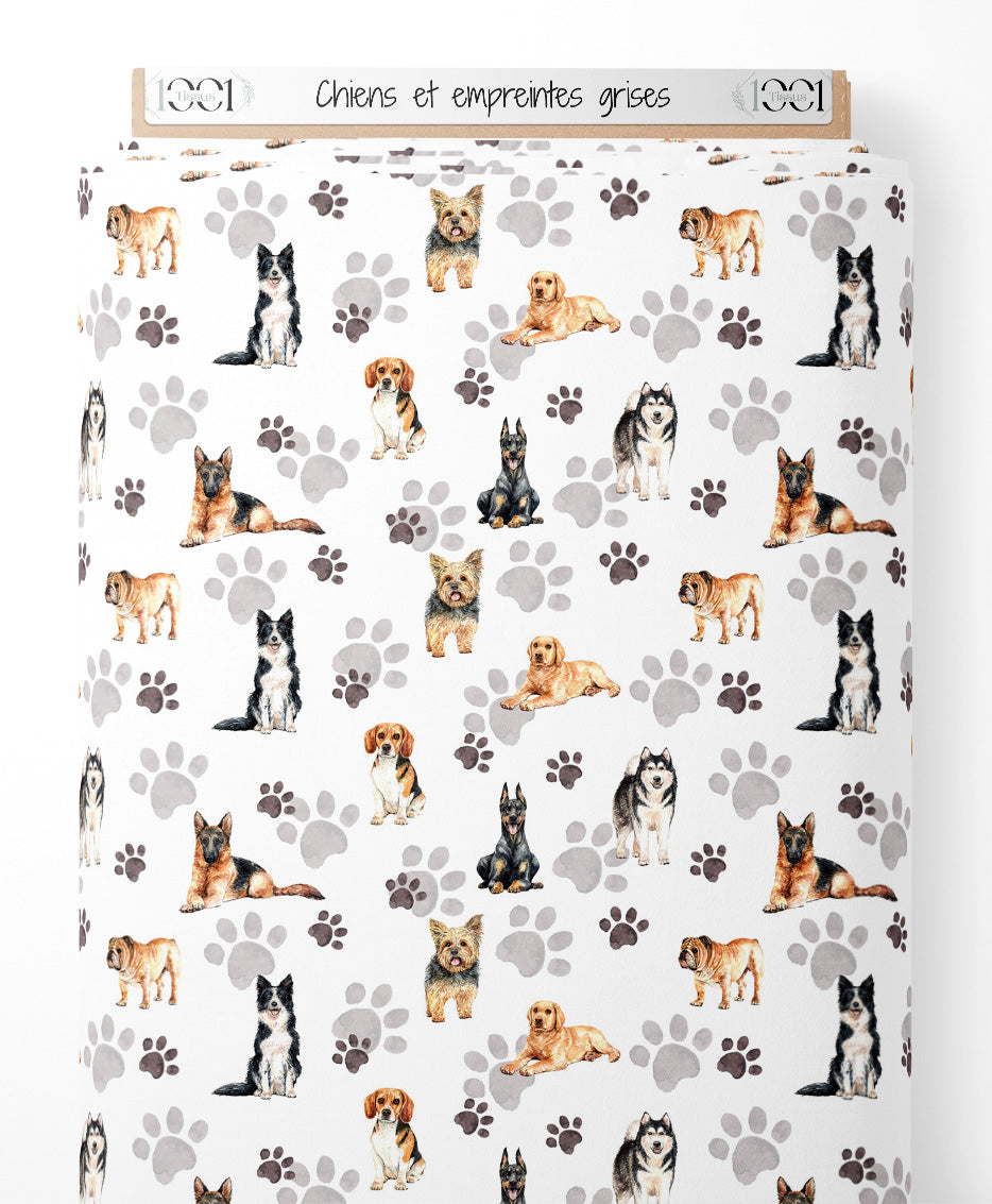 Tissu - Chiens et empreintes grises