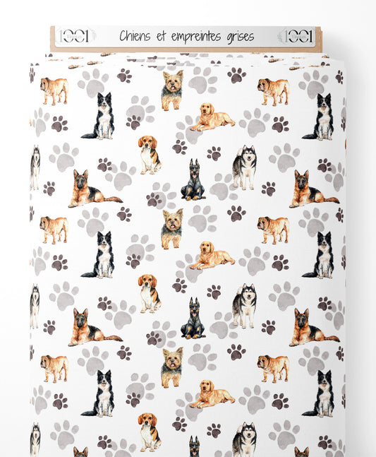 Tissu - Chiens et empreintes grises
