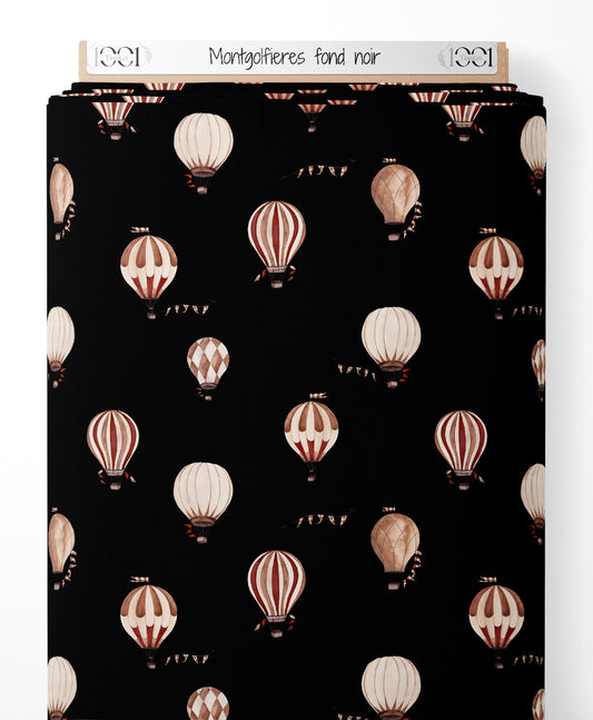Tissu - Montgolfières sur fond noir