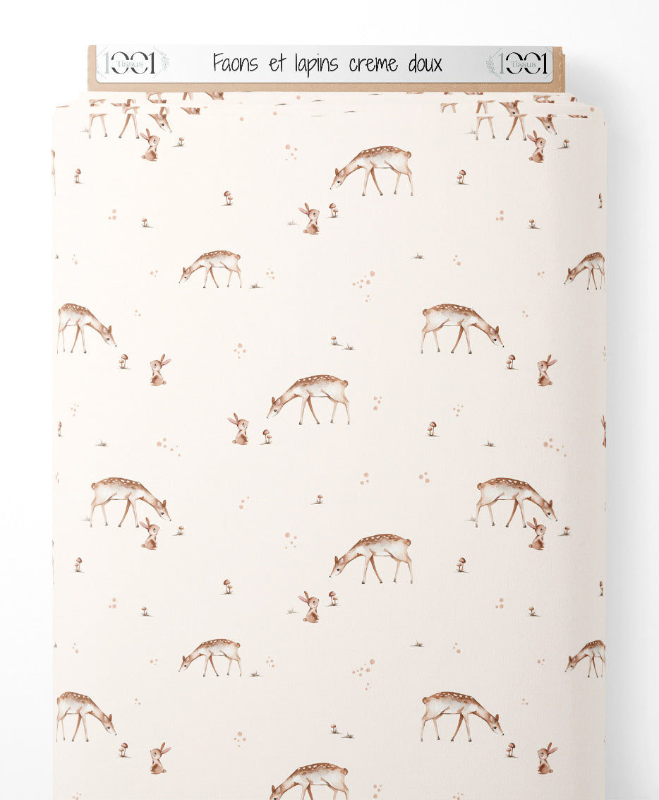 Tissu - Faons et lapins crème doux