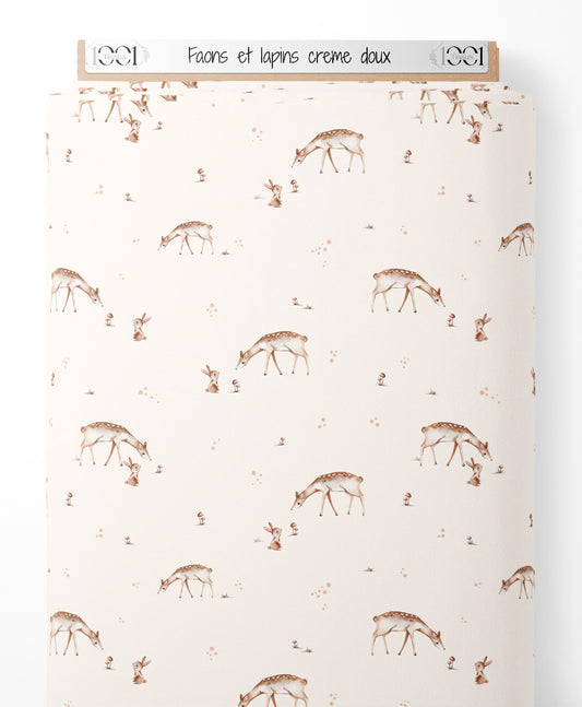 Tissu - Faons et lapins crème doux