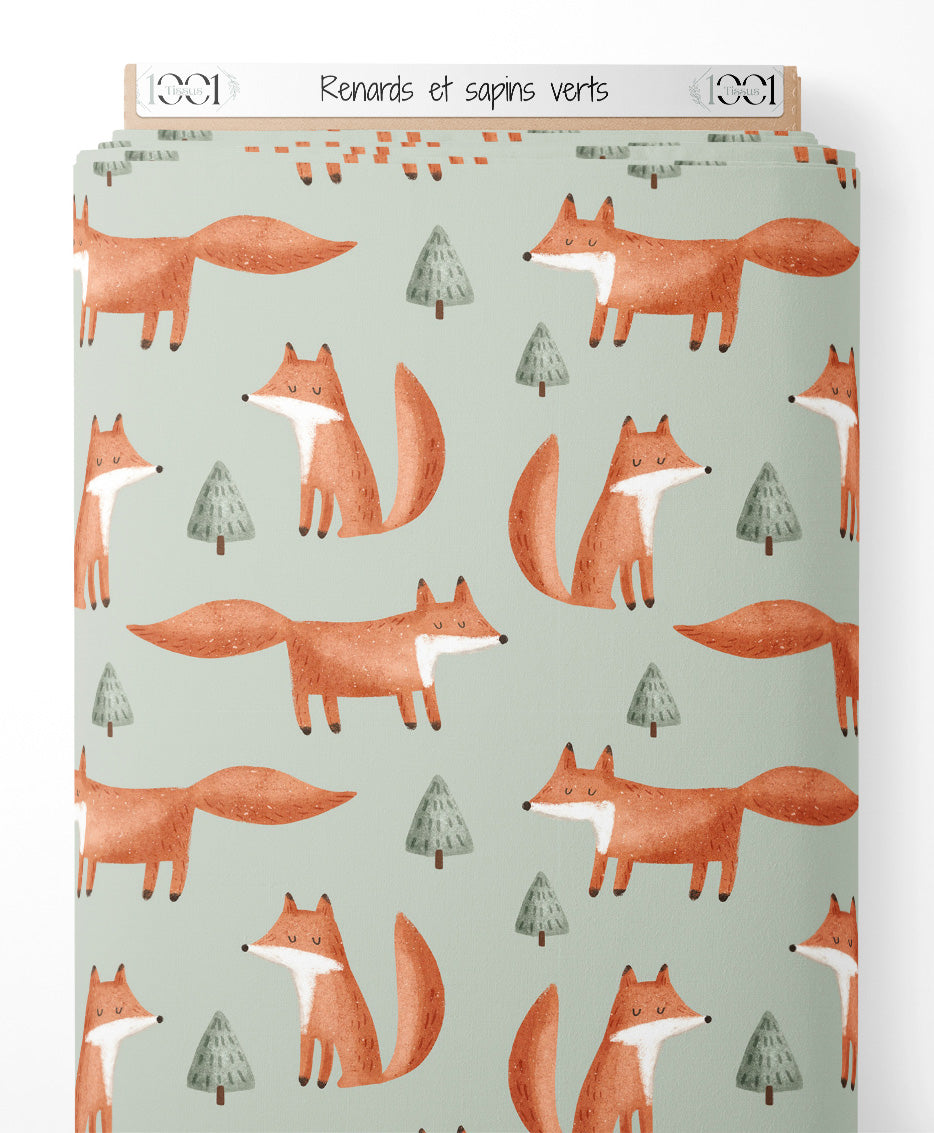 Tissu - Renards et sapins verts