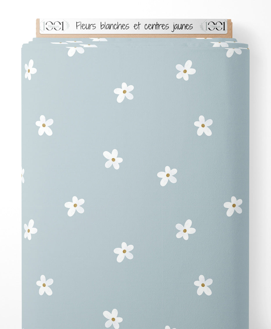 Tissu - Fleurs blanches et centres jaunes