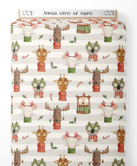 Tissu - Animaux colorés sur rayures