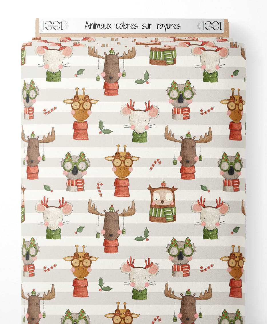 Tissu - Animaux colorés sur rayures