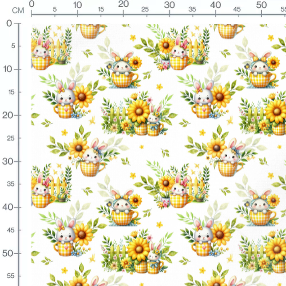 Tissu - Lapins et fleurs en tasse