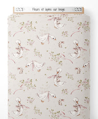Tissu - Fleurs et lapins sur beige