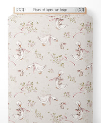 Tissu - Fleurs et lapins sur beige