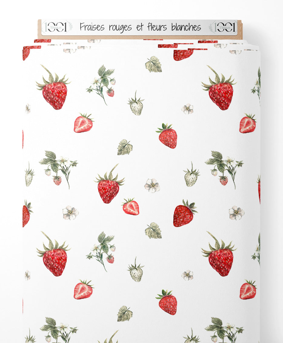 Tissu - Fraises rouges et fleurs blanches