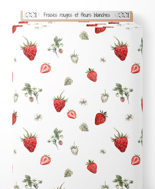 Tissu - Fraises rouges et fleurs blanches