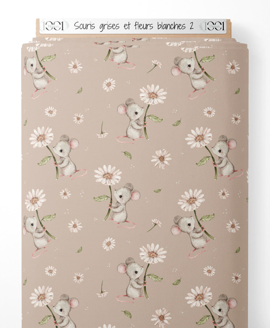 Tissu - Souris grises et fleurs blanches 2