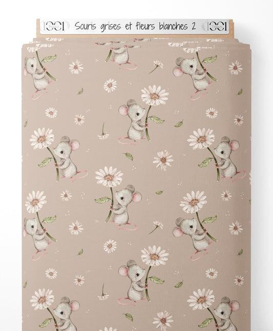 Tissu - Souris grises et fleurs blanches 2