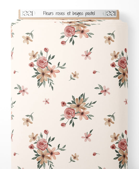 Tissu - Fleurs roses et beiges pastel