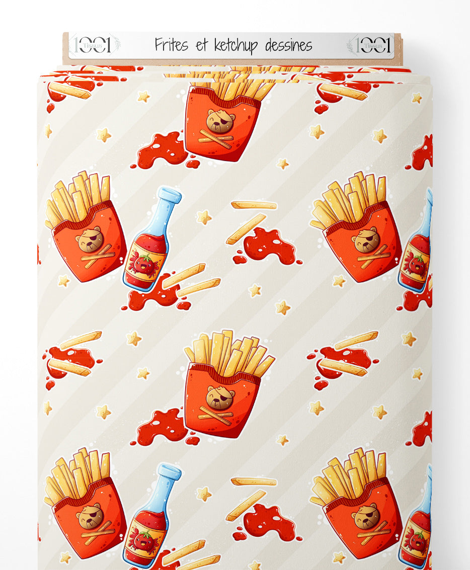 Tissu - Frites et ketchup dessinés