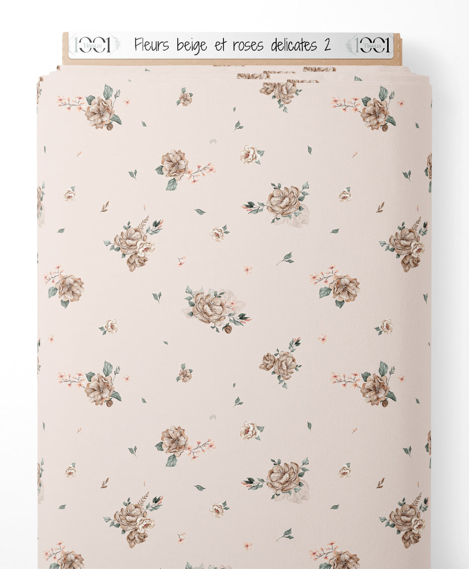 Tissu - Fleurs beige et roses délicates 2