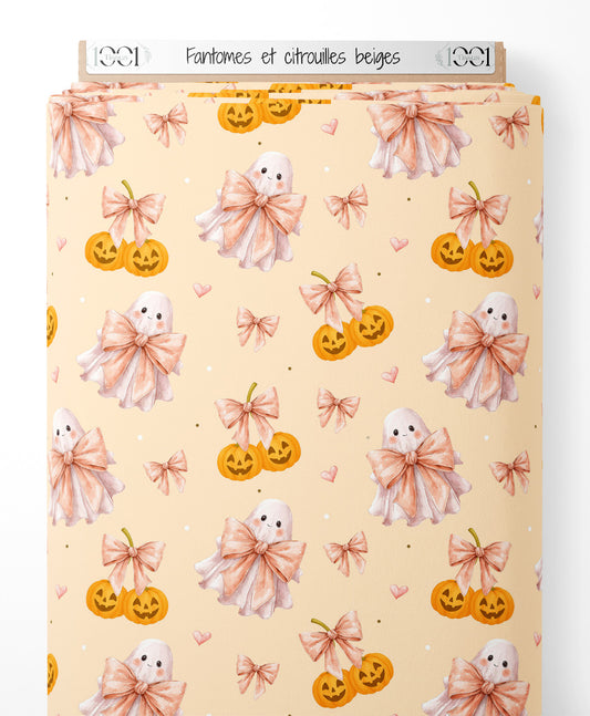 Tissu - Fantômes et citrouilles beiges
