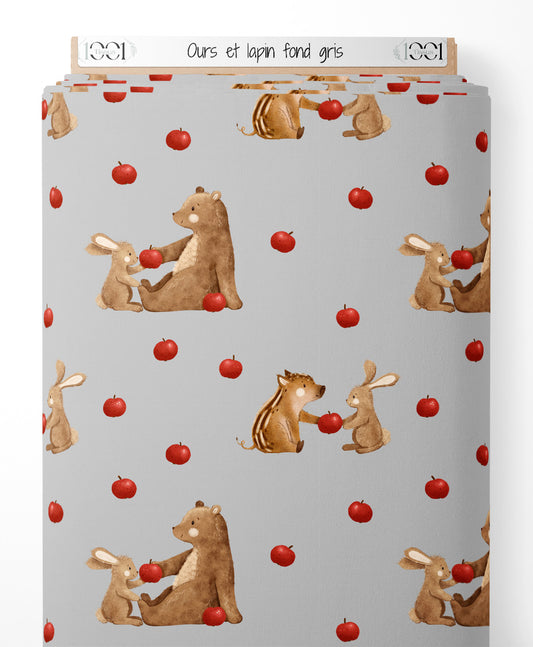 Tissu - Ours et lapin sur fond gris