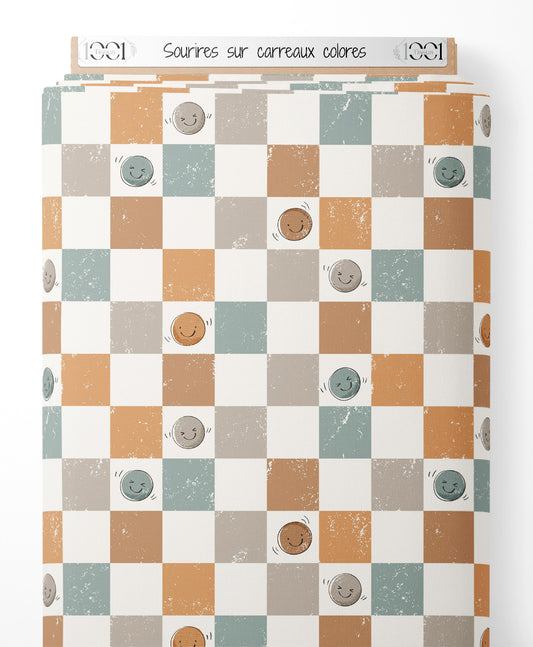 Tissu - Sourires sur carreaux colorés