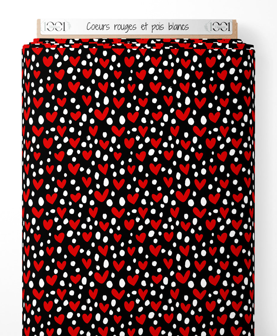 Tissu - Cœurs rouges et pois blancs