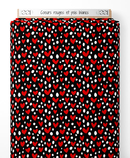 Tissu - Cœurs rouges et pois blancs