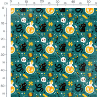 Tissu - Chats noirs et crânes verts