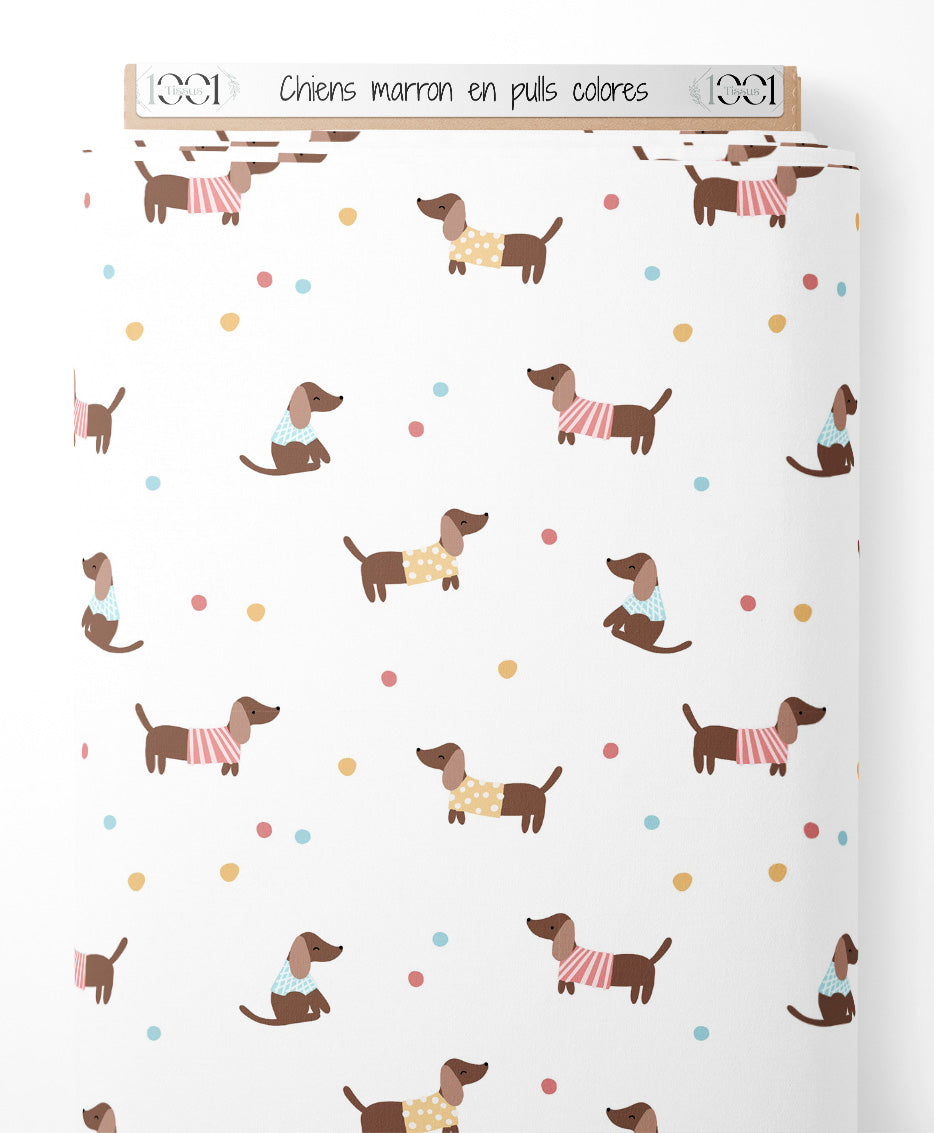 Tissu - Chiens marron en pulls colorés