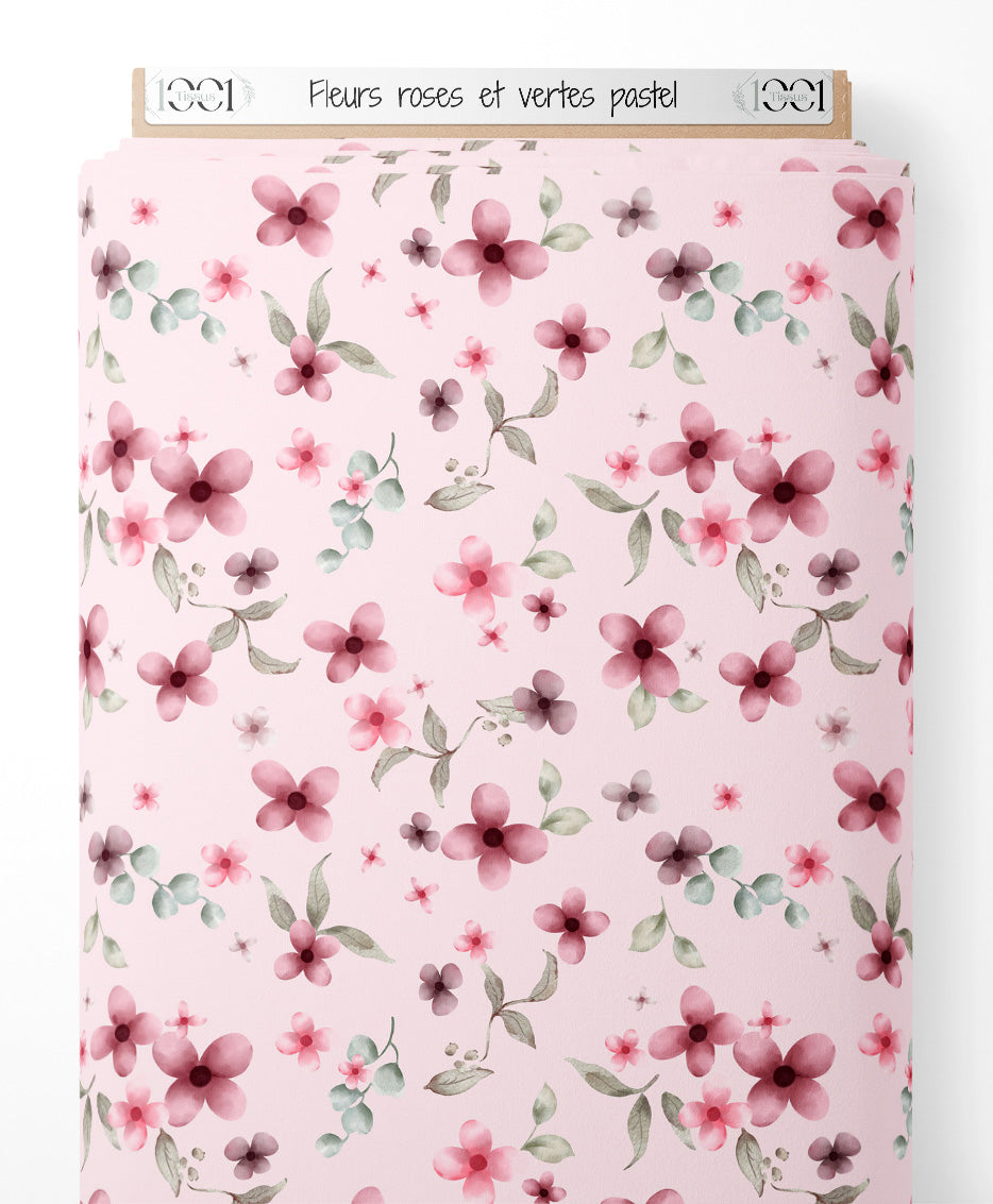 Tissu - Fleurs roses et vertes pastel