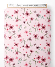 Tissu - Fleurs roses et vertes pastel