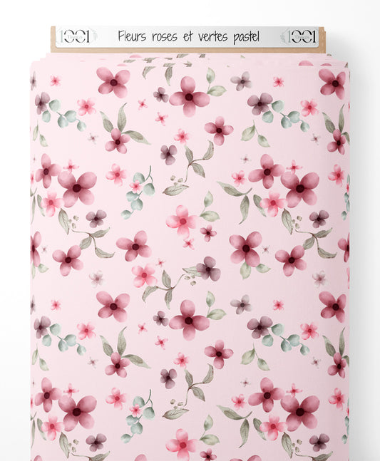 Tissu - Fleurs roses et vertes pastel