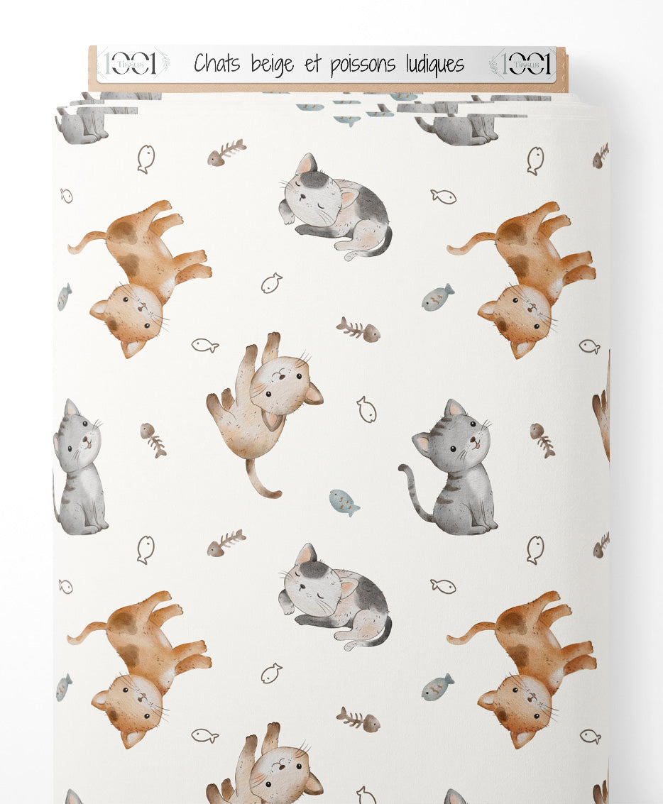 Tissu - Chats beige et poissons ludiques