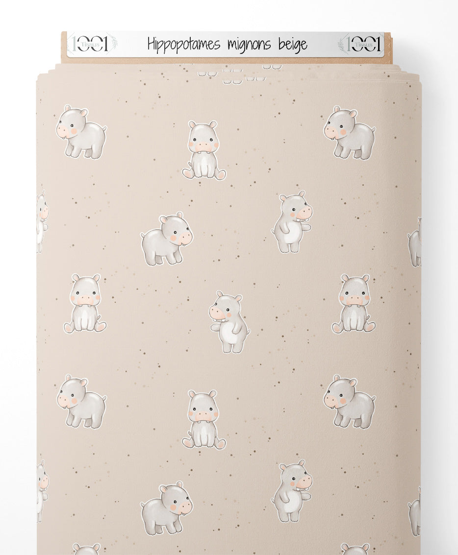 Tissu - Hippopotames mignons beige