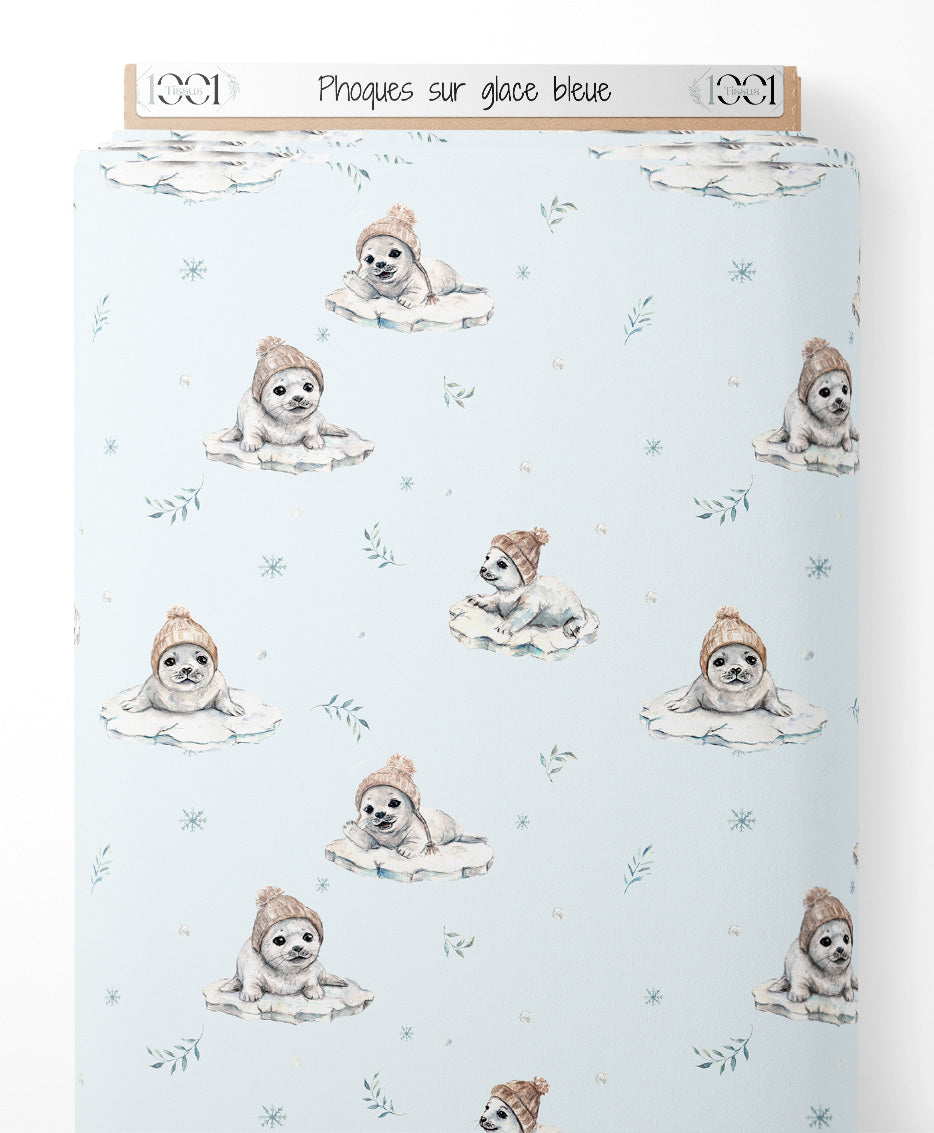 Tissu - Phoques sur glace bleue