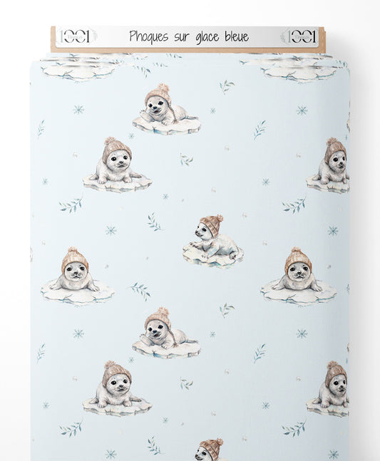 Tissu - Phoques sur glace bleue