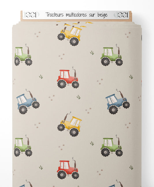 Tissu - Tracteurs multicolores sur beige