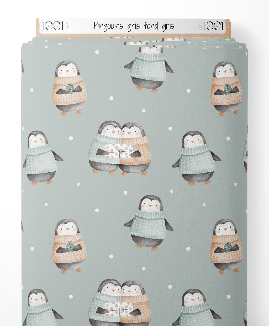 Tissu - Pingouins gris sur fond gris