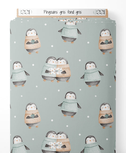 Tissu - Pingouins gris sur fond gris