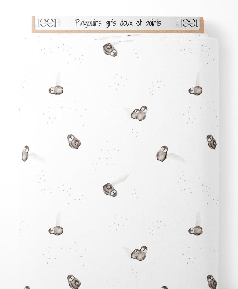 Tissu - Pingouins gris doux et points