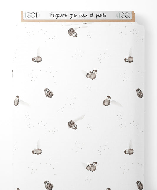 Tissu - Pingouins gris doux et points