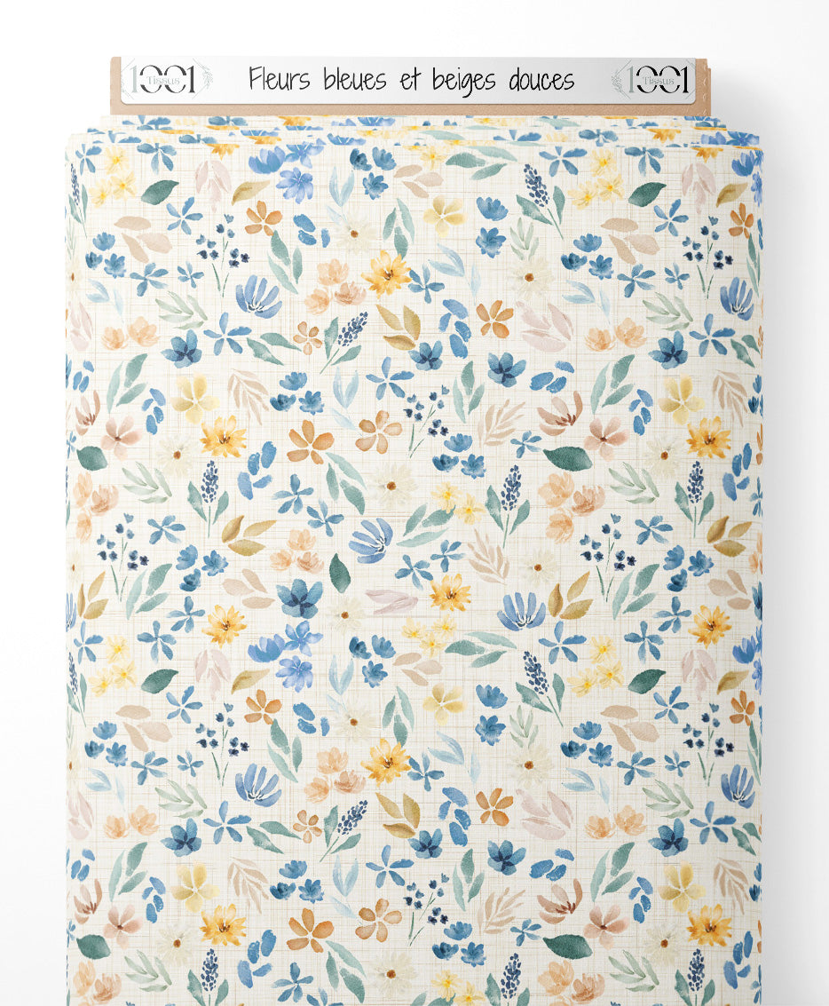 Tissu - Fleurs bleues et beiges douces