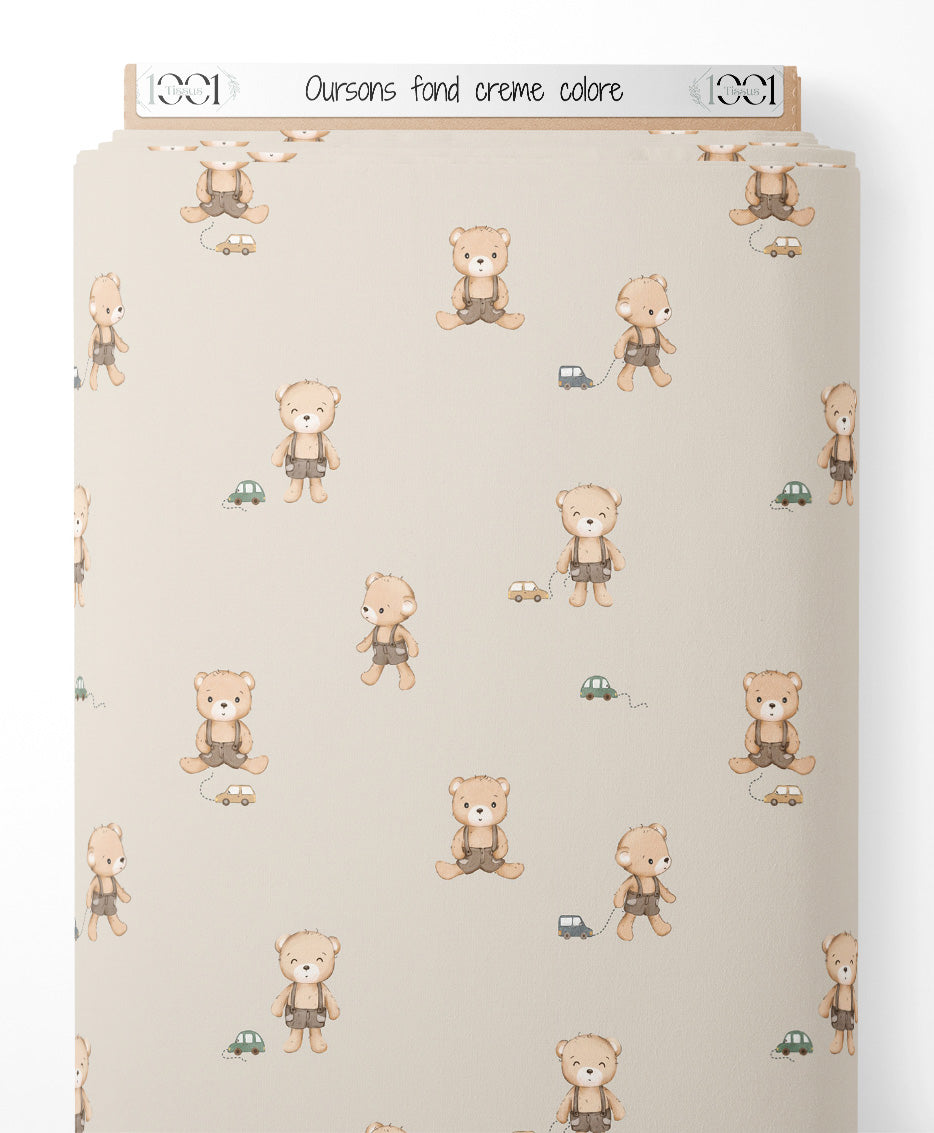 Tissu - Oursons sur fond crème coloré