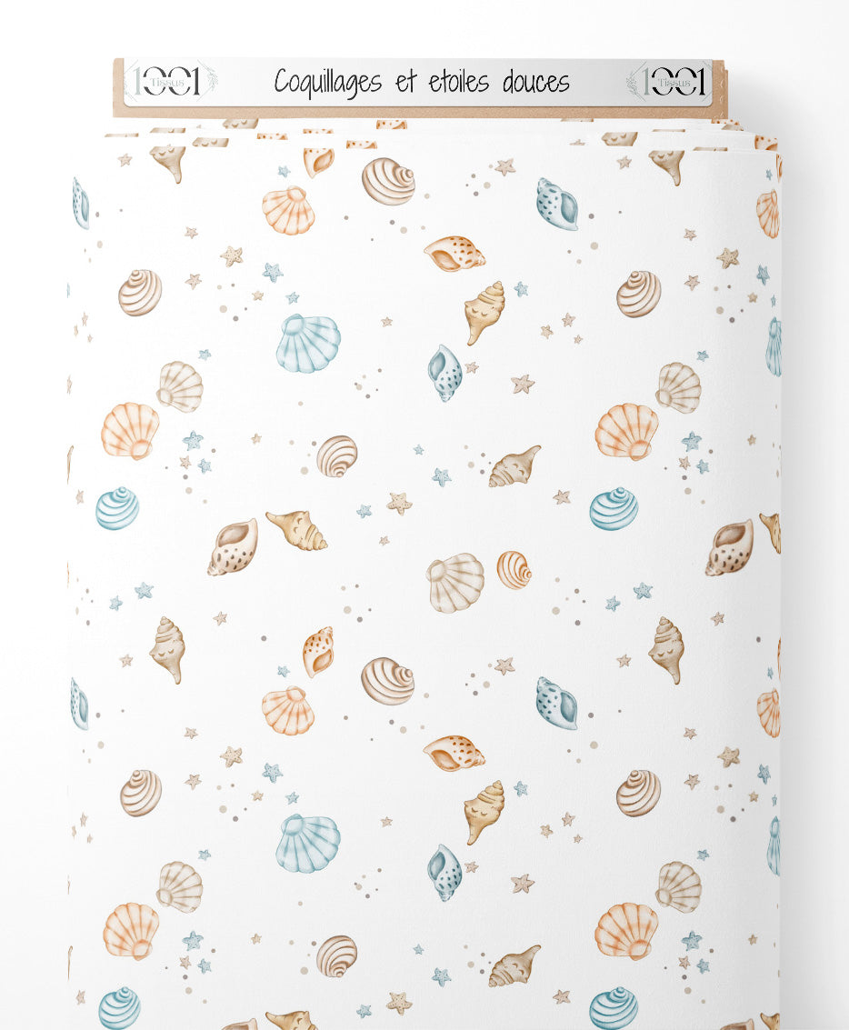 Tissu - Coquillages et étoiles douces