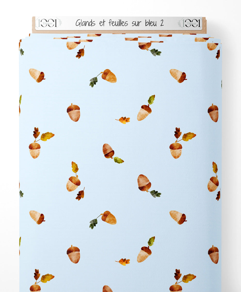 Tissu - Glands et feuilles sur bleu 2