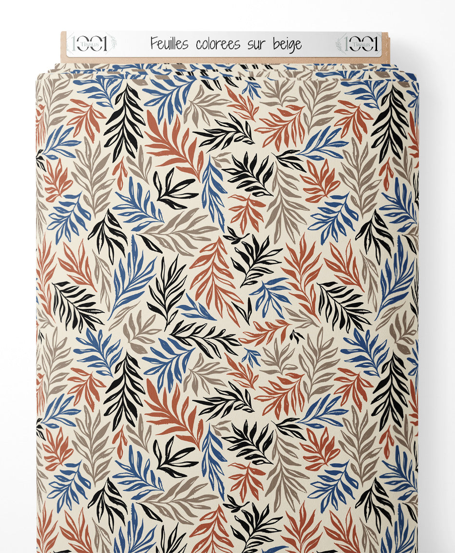 Tissu - Feuilles colorées sur beige