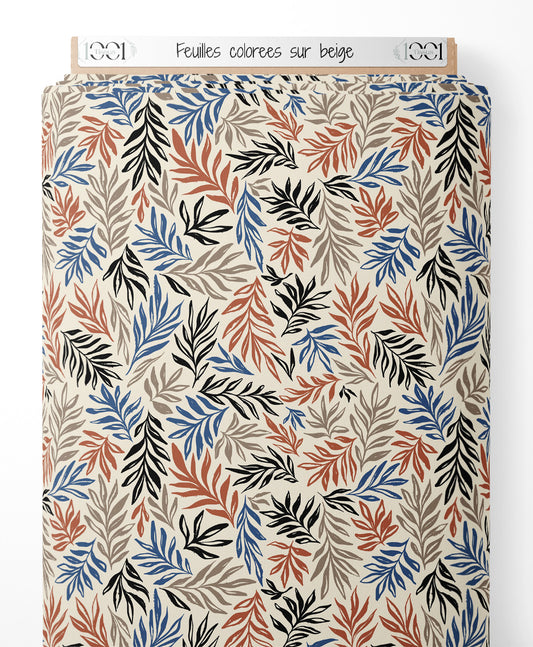 Tissu - Feuilles colorées sur beige