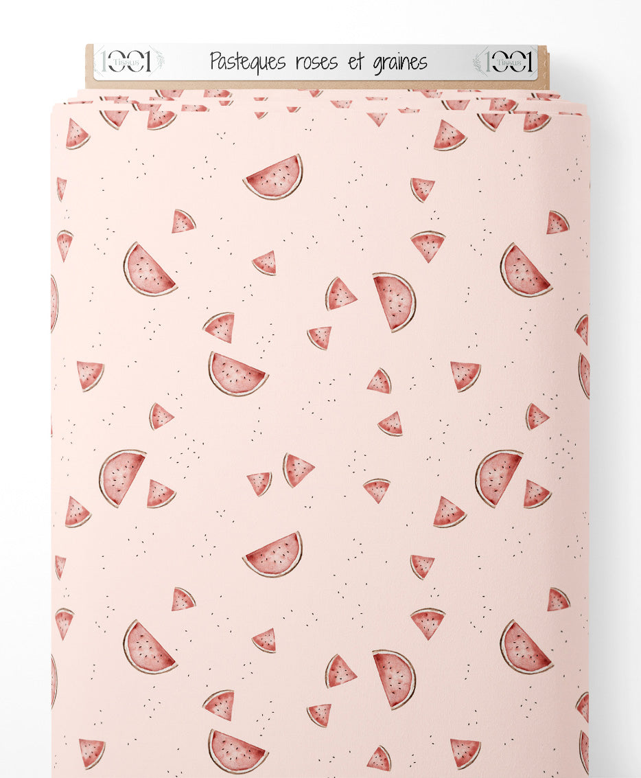 Tissu - Pastèques roses et graines